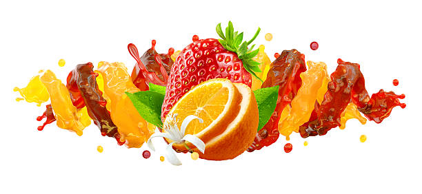 istock Strawberry and orange juice splashes isolated on white background 2219840424