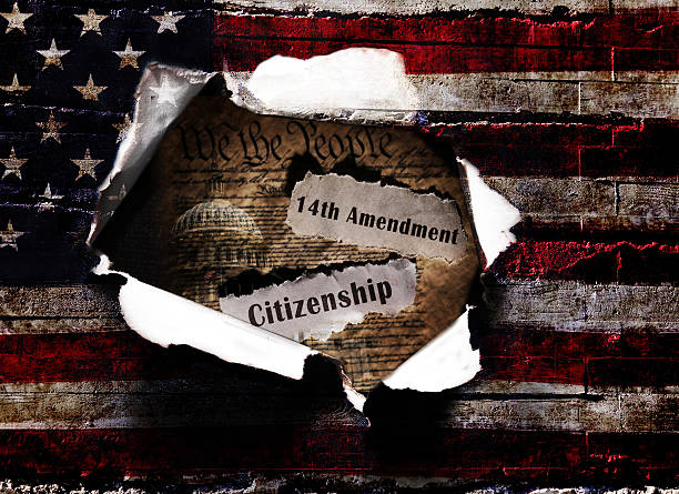 American flag with a hole and US Constitution 14th Amendment Citizenship headlines