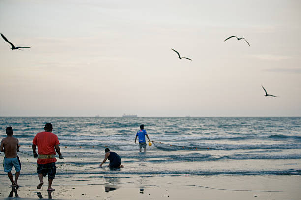 Tra Vinh province, Vietnam - 23 Jun 2025: view of “day xiep” fishing at Ba Dong Beach, Tra Vinh, Vietnam, local fishermen work with their nets in shallow water, with wind turbines in the background. Mekong Delta.