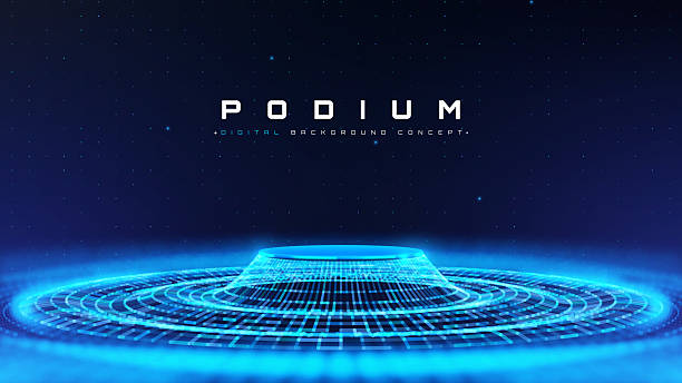 istock Blue empty podium on dark background with soft neon effect and bokeh decoration. Futuristic technology scene design concept. Data transmission. Vector illustration. 2219853035