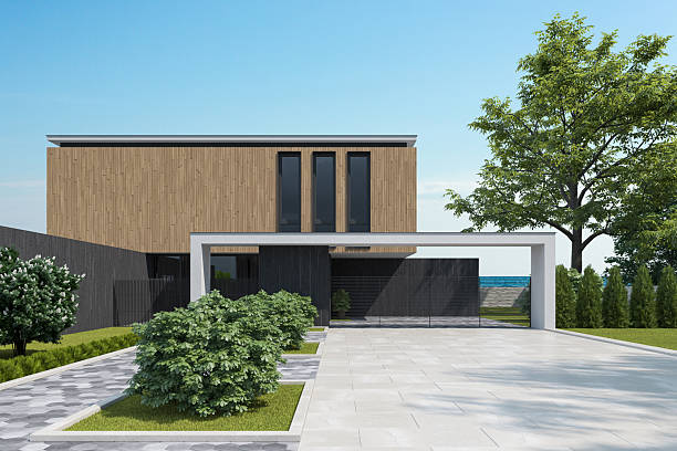 istock Modern Minimalist Villa Exterior with Wood and Concrete Elements 2219859504