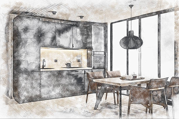 istock Pencil Sketch of Compact Modern Kitchen with Open Dining Area 2219859545