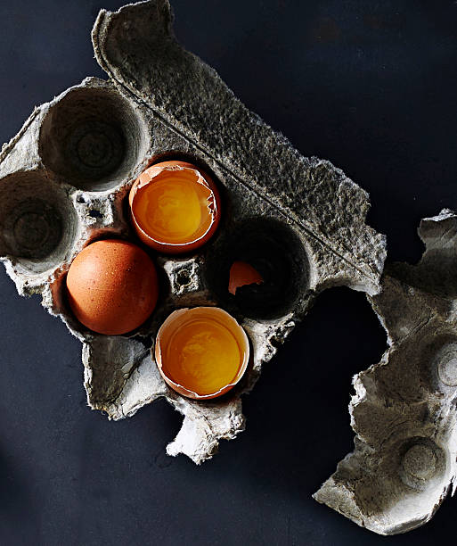 Broken Eggs in Carton on Dark Background