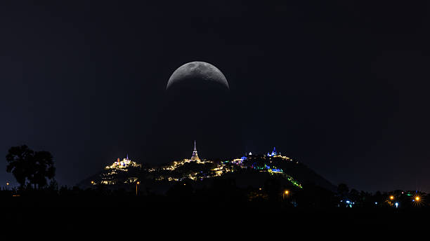 istock night scape, Phra Nakhon Khiri, (Khao Wang) and blue sky crescent moon backgrounds, 2219900841