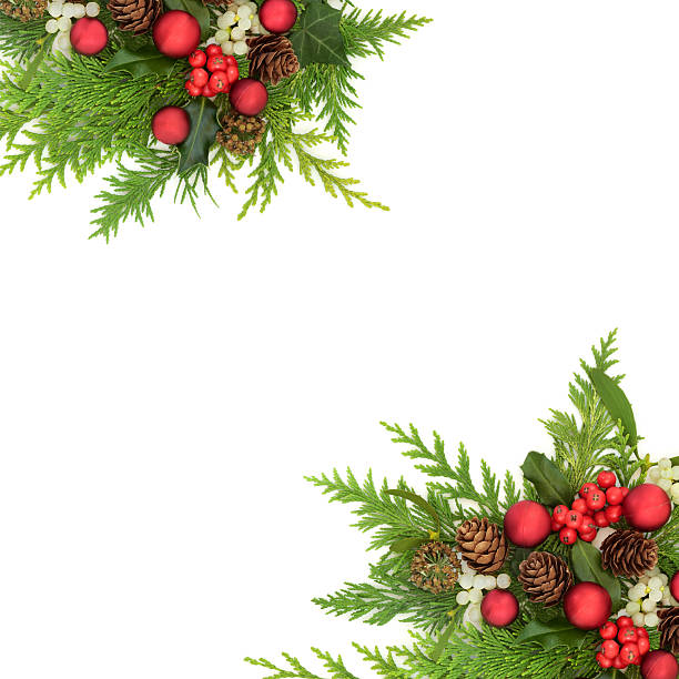 istock Christmas Bauble Decorations Holly and Traditional Flora Border 2219901268