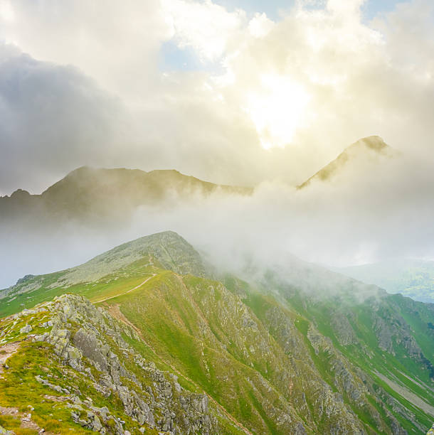 wide green mountain ridge in mist and dense clouds at  the sunset