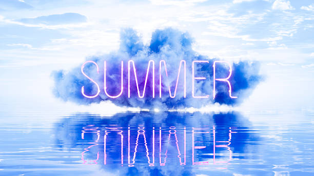 Neon Summer Sign on Blue Cloud over Sea. Digitally Generated Image. 3d render.
