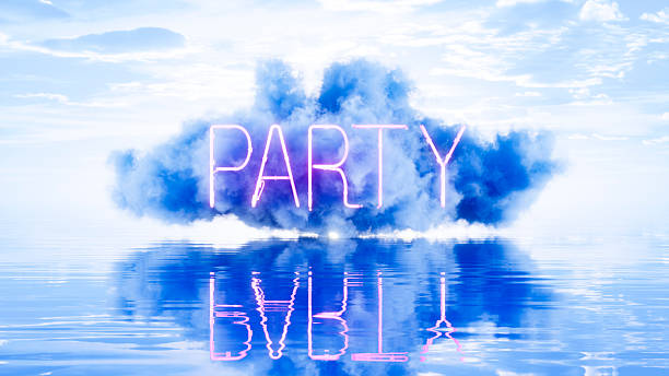 Neon Party Sign on Blue Cloud over Sea. Digitally Generated Image. 3d render.