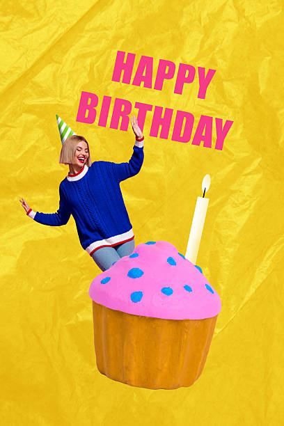 istock Composite image montage collage of huge cupcake candle fire young lady stand smile cone hat weekend greeting party banner happy birthday 2219914873