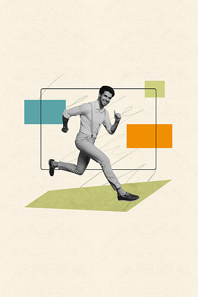 Creative artwork collage of young manager guy run fast aim on pastel color background