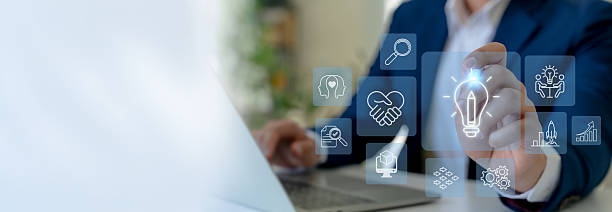 istock Design Thinking Process concept. Interacting with virtual icons of the design thinking process, a solution-focused, problem-solving methodology used for innovation and strategic development. 2219920855