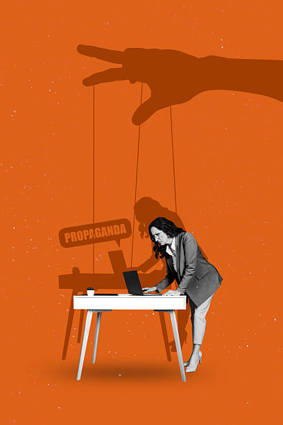 istock Creative artwork template sketch image 3D collage of aged woman stand table work laptop hand shadow puppet manipulation propaganda fake 2219921145