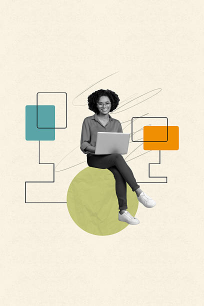 istock Creative surreal collage of young business worker sit circle use netbook on pastel color background 2219921768