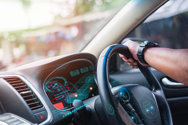 istock Driver Hand on Steering Wheel with Futuristic EV Display 2219922191