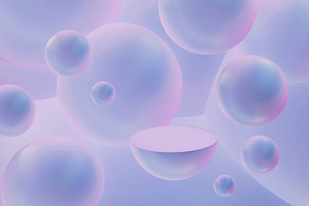 istock 3D realistic podium background - one blue pink hemisphere as podium, glossy orbs with gentle pastel hues. Mockup, 3D rendering, template. Airy modern stage for display product, scene showcase. 2219922358