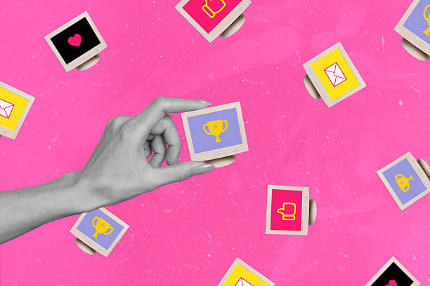 istock Collage composite artwork sketch image of vibrant pink color hand hold mini retro computer monitor display show trophy like email banner 2219922662