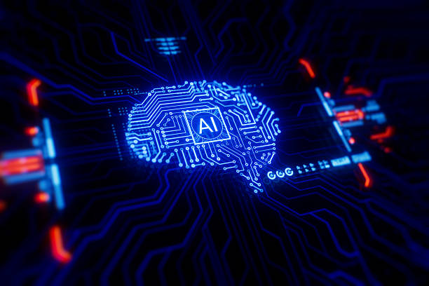 istock Glowing blue circuit board shaped like a human brain 2219923009