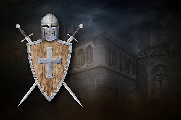 istock helmet wooden shield decorated with a cross and two swords 2219925033