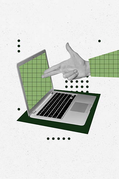 istock Vertical image collage computer screen laptop finger gesture pistol gun shooting body wrist fragment drawing background 2219926330