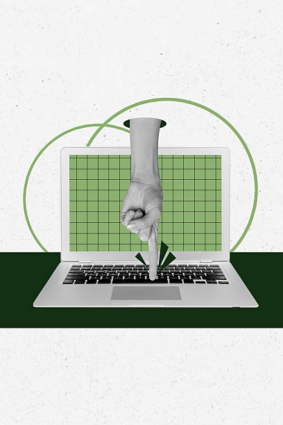 istock Vertical image collage human hand finger gesture point show touchpad press button user remote work checkered background 2219926350