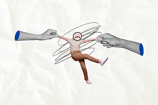 istock Creative collage 3d hands hold man emoticon sad face expression headless body drawing doodles manipulation control force slavery doll 2219926512