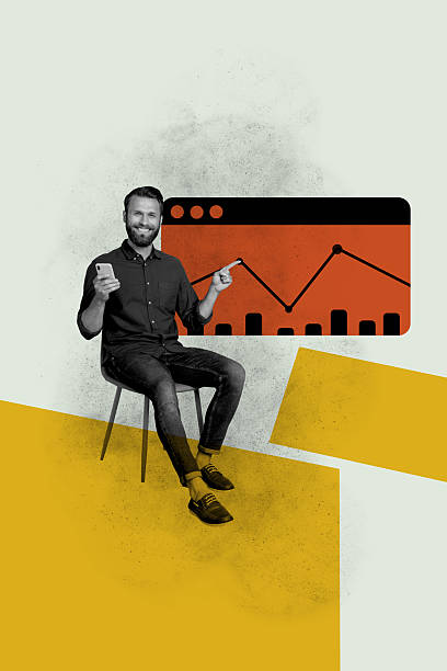 istock Vertical photo collage of happy businessman point chart graph statistics hold iphone device trader worker isolated on painted background 2219928026