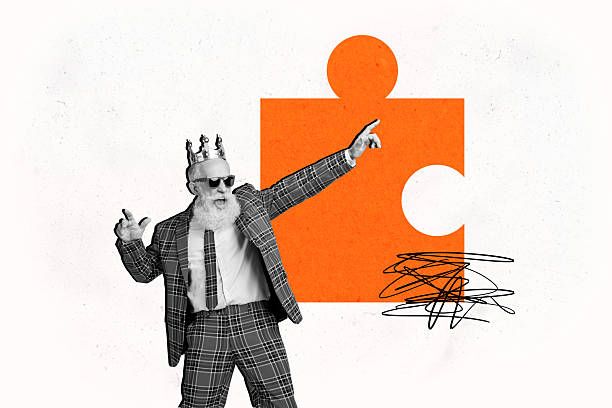 istock Creative collage poster elder man pensioner prince king puzzle game intellect accomplish task success complete funky celebrate 2219928852