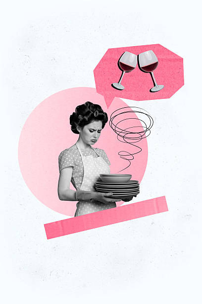 istock Vertical poster collage young woman housewife carry hold stack dishes textbox think wine glass beverage cheers drink service 2219929199
