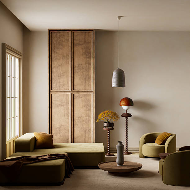 istock Tranquil earth toned living room with modern minimalist design. 3D illustration 2219929305