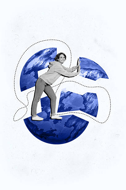 istock Vertical poster collage young woman push connect planet globe sphere fragments complete quizz puzzle separated pieces drawing background 2219930537