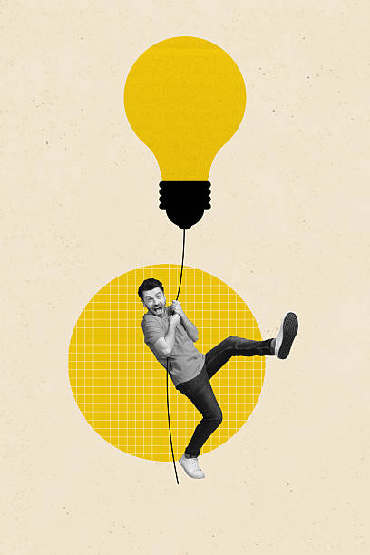 istock Composite trend artwork image photo collage of copyspace huge light bulb idea lamp innovation challenge young guy hanging hand hold rope 2219932905
