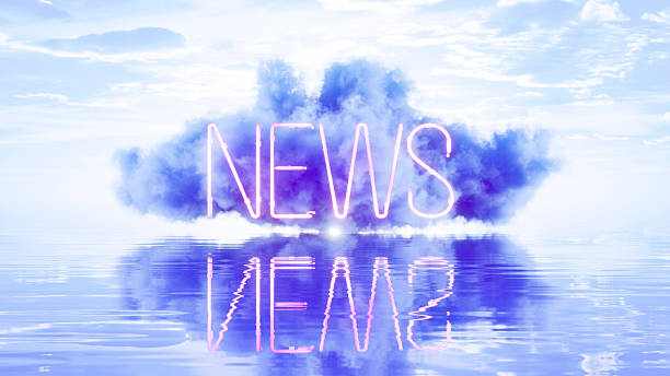 Neon News Sign on Blue Cloud over Sea. Digitally Generated Image. 3d render.