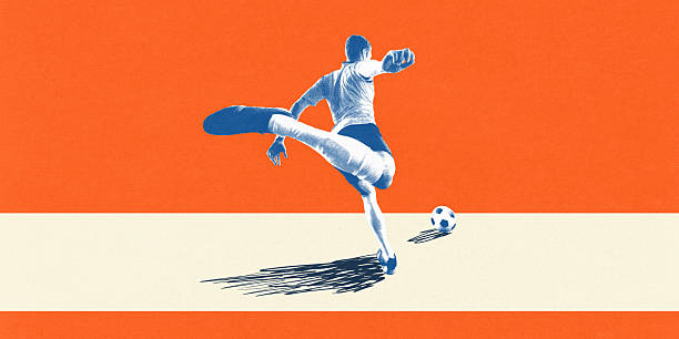 istock Footballer makes powerful kick with powerful motion over minimal orange-white layout evoking Netherlands football flag. Conceptual art collage. Poster. 2219936378