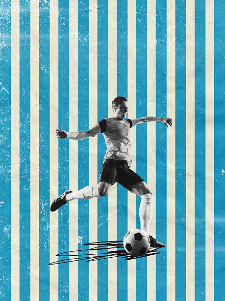 Athlete prepares long strike with confidence over striped blue and white backdrop evoking football spirit. Modern vintage sport collage. Retro poster.