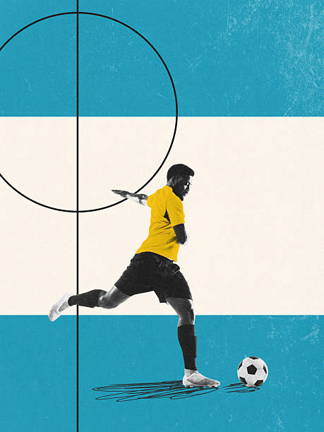 Soccer athlete strikes ball from center with force on white-blue-white layout representing Argentina football flag. Abstract art collage. Concept of sport, competition, match, tournament