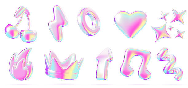 istock Y2k holographic 3d sticker set. Rainbow liquid abstract shape. Cherry, crown, music note, heart, fire, star, lightning, arrow, spiral line with bright neon gradient, isolated elements 2219936863