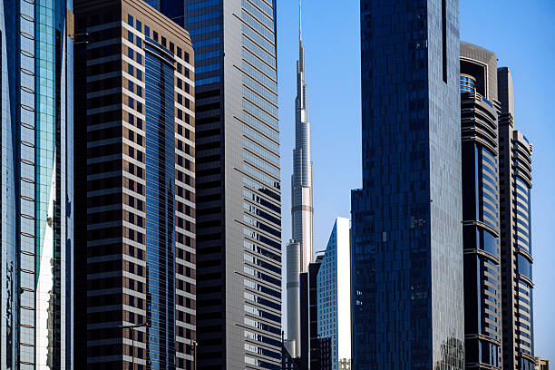 Modern Skyscrapers Along Sheikh Zayed Road with Burj Khalifa tower in Dubai, UAE stock photo