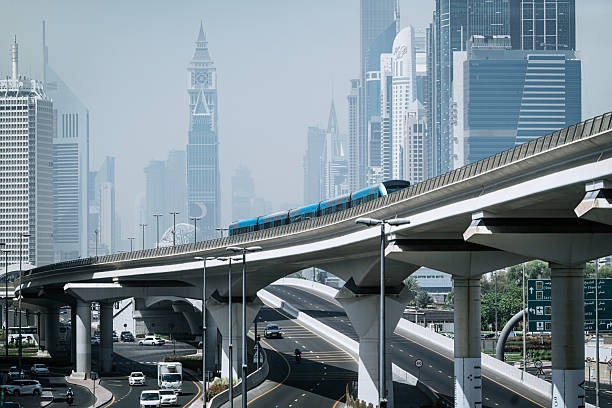 A futuristic metro train runs along an elevated bridge on Sheikh Zayed Road, Dubai. The skyline reveals modern skyscrapers, showcasing an urban atmosphere and advanced infrastructure against a clear blue sky.