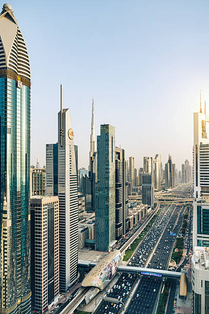 Modern Skyscrapers Along Sheikh Zayed Road in Dubai at Sunset