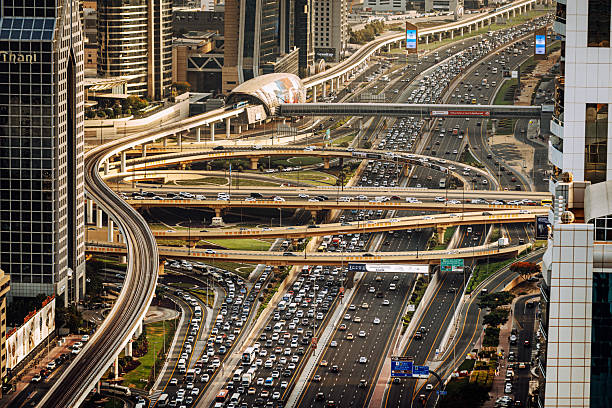Aerial view of Sheikh Zayed Road in Dubai, showcasing busy traffic, intricate overpasses, and the surrounding modern cityscape.