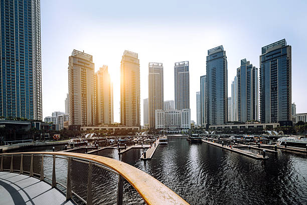 Dubai Marina in Dubai, UAE. View of the skyscrapers and the canal,