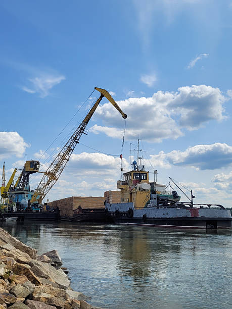 istock River tugboat with crane and logs on the river 2219944694