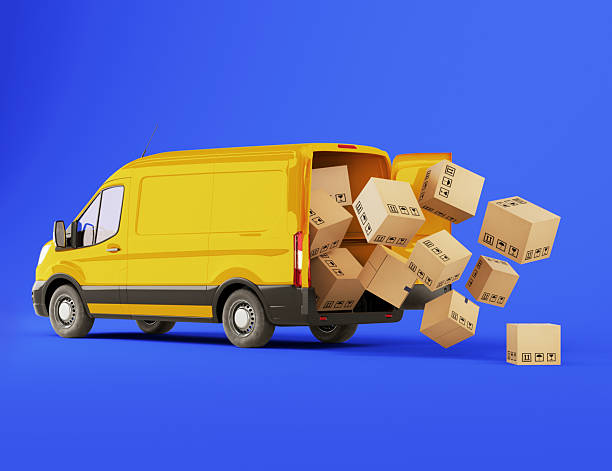 istock 3d render of a yellow delivery van with cardboard boxes falling off the vehicle on blue background. Logistics and wholesale concept.Online Orders, Purchases, E-Commerce Goods, Merchandise 2219946263