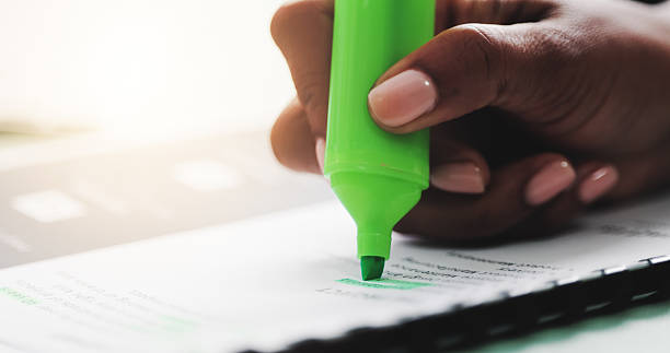 istock Office, documents and hands of person with highlighter for notes on proposal, report and contract. Professional, edit and worker with marker on paperwork for proofreading, review and inspection 2219948831