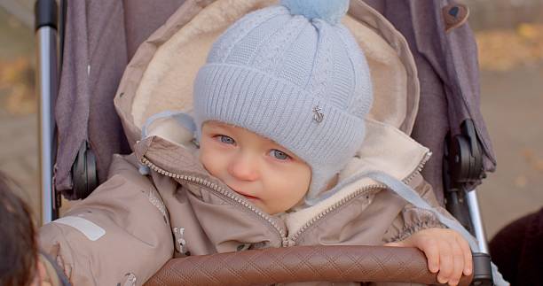 istock A little child sitting in a stroller while wearing a blue hat and a cozy jacket 2219952468