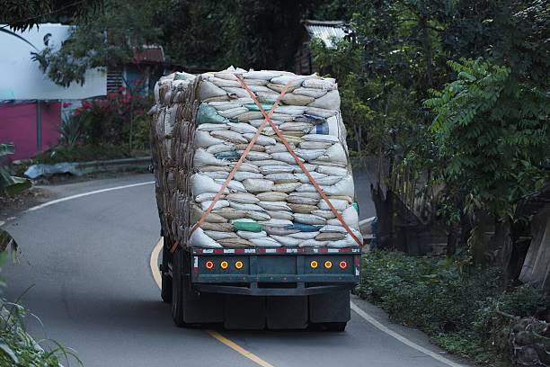 Heavy truck loaded with tightly secured sacks is navigating a curved mountain road.