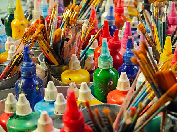 istock Bottle of water colors and paint brushes. 2219959205