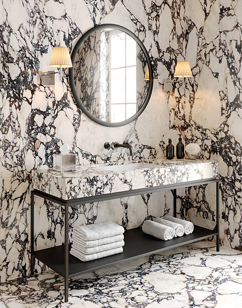 3d render - a modern bathroom with Calacatta Viola Marble on walls and floor, black plumbing fixtures , round mirror