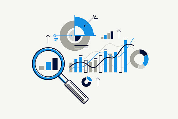 Statistics vector composition, detailed illustrations of stats analytics, diagrams and graphs analysis, infographics.