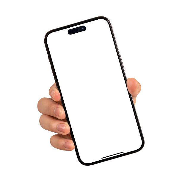 istock Close-up of hand showing modern smartphone with blank screen isolated on white background. High quality studio shot. Concept for technology, business, finance, advertising and public relations. 2219965556